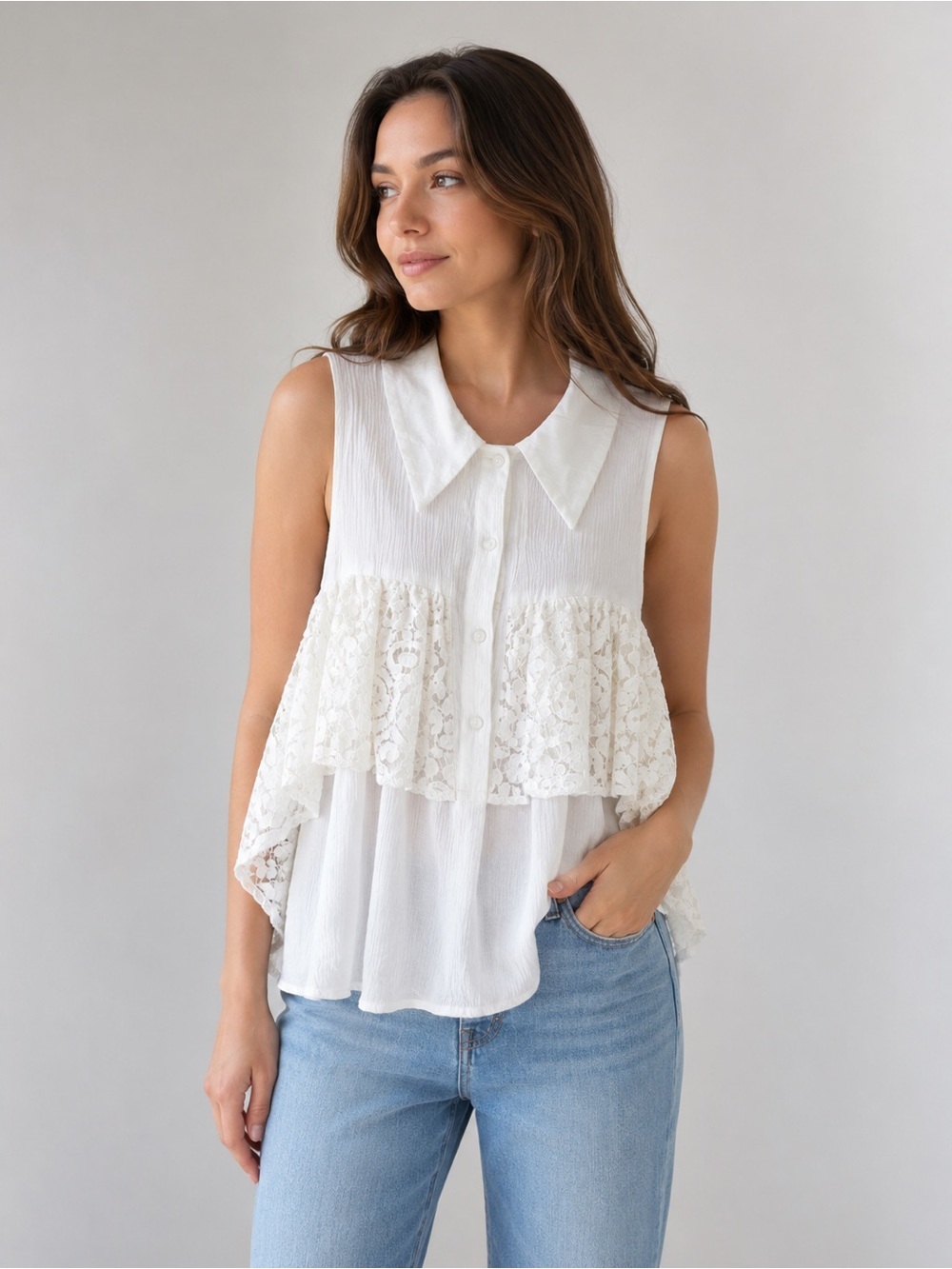 entro Ivory Sleeveless Lace-Trim Collared Blouse off the shoulder size small